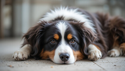 Tri-Colored Australian Shepherd with Intense Gaze Resting on the Floor