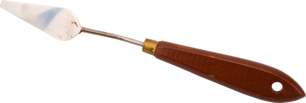 A stainless steel palette knife with a wooden handle.