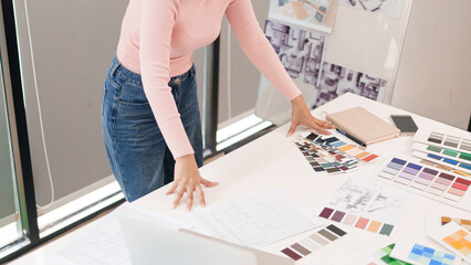 User Interface Designer Choosing Color Palette for Website Layout Asian Woman Creating Digital...