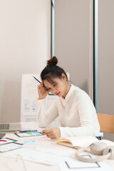 Asian Woman User Interface Designer Job Create App Design on Table in Office with Laptop and Paper...