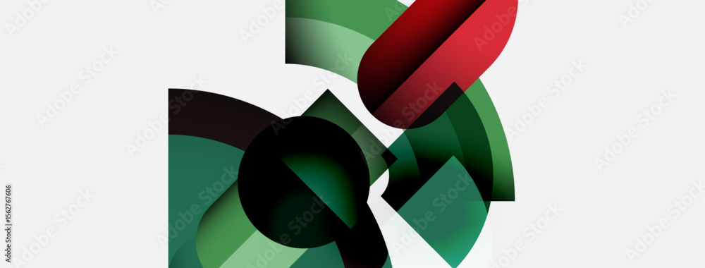 Poster Abstract shapes overlap, creating dynamic composition. Green, red hues dominate neutral background. Modern design, fluid forms present.