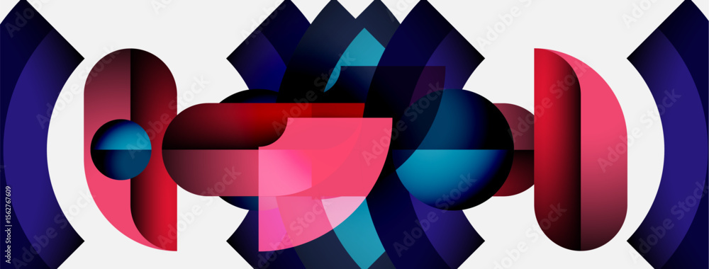 Poster Abstract geometric shapes, vibrant colors, layered design. Composition features curves, angles, gradients, creating dynamic visual effect.