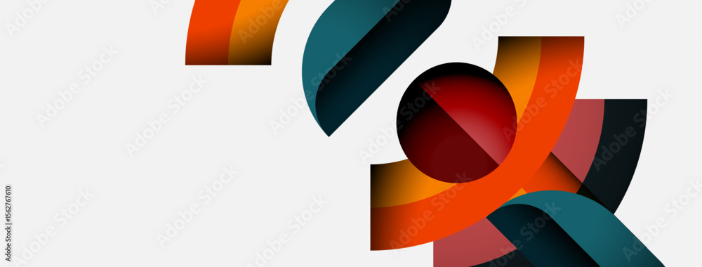 Poster Abstract shapes overlap, creating dynamic composition. Colors include orange, red, teal, plus neutral background. Modern design elements present.