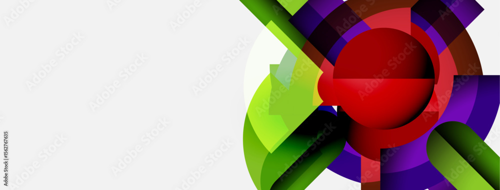 Poster Abstract design features colorful overlapping arcs forming circular pattern. Red sphere dominates center, vibrant hues present.