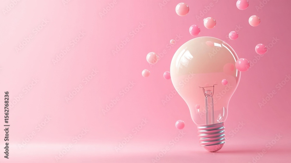 Aufkleber this image features a light bulb on a soft pastel pink background, surrounded by floating bubbles, e
