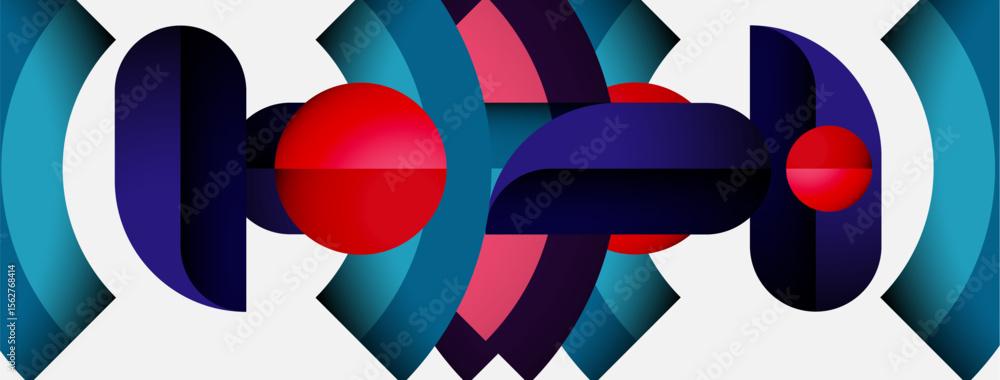 Poster abstract geometric shapes, vibrant colors, symmetrical design. circles, ovals, rectangles create mod
