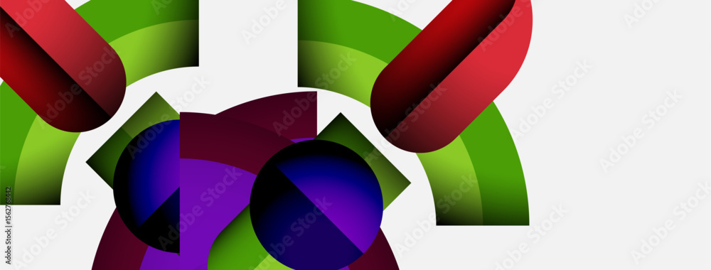 Aufkleber Abstract composition features vibrant geometric shapes. Circles, arcs, rectangles intersect creating dynamic visual effect. Colors include red, green, purple.