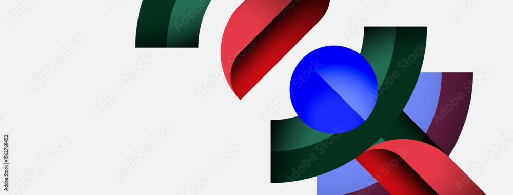 Poster abstract shapes overlap, creating vibrant composition. red, green, blue elements dominate white back