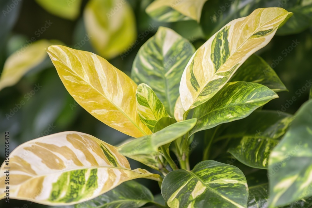 Poster close-up view of vibrant variegated green and yellow leaves showcasing intricate patterns, perfect f