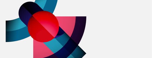 Abstract geometric shapes overlap, creating dynamic composition. Red circle dominates, contrasted by blues, pinks, dark tones. Minimalist design.