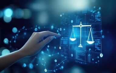 A hand interacts with a digital scale of justice graphic, overlaid with abstract technology