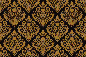 Elegant seamless vintage damask pattern in gold and black. Luxurious ornamental design perfect for wallpapers, fabrics, and upscale interior decor.
