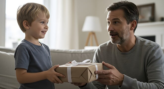 A Father's Heart: Capturing a heartwarming moment of connection and celebration, a young boy joyfully presents a wrapped gift to his father. Their exchange embodies tenderness and affection.