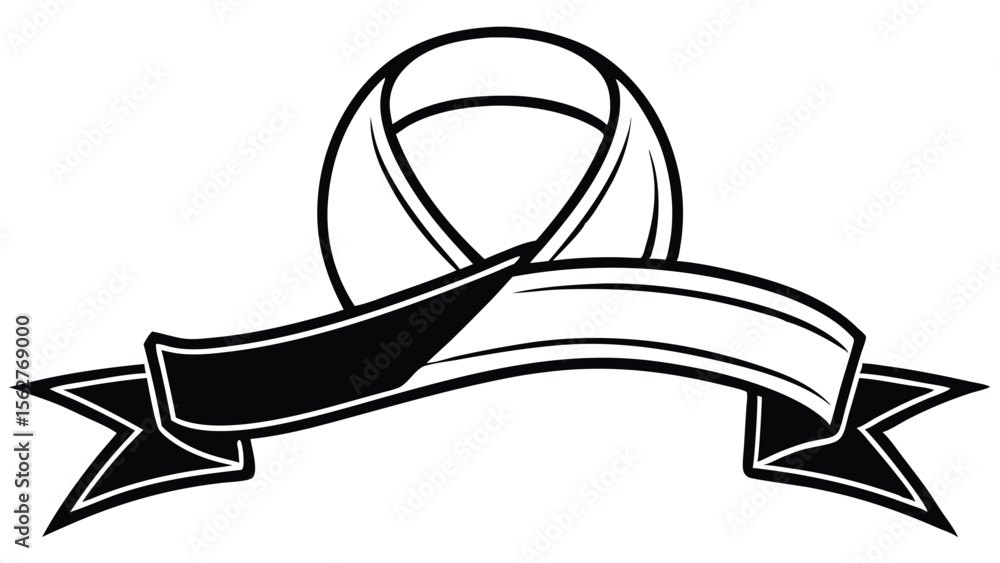 Poster black and white graphic of a ribbon banner with a circular loop above it in a decorative style