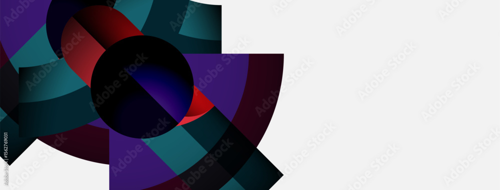 Poster Abstract geometric design. Circular shapes overlap, creating vibrant color patterns. Dark background contrasts bright elements. Minimalist composition.
