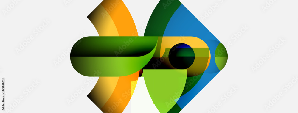 Poster abstract colorful shapes overlap, creating dynamic composition. green, orange, blue hues dominate de