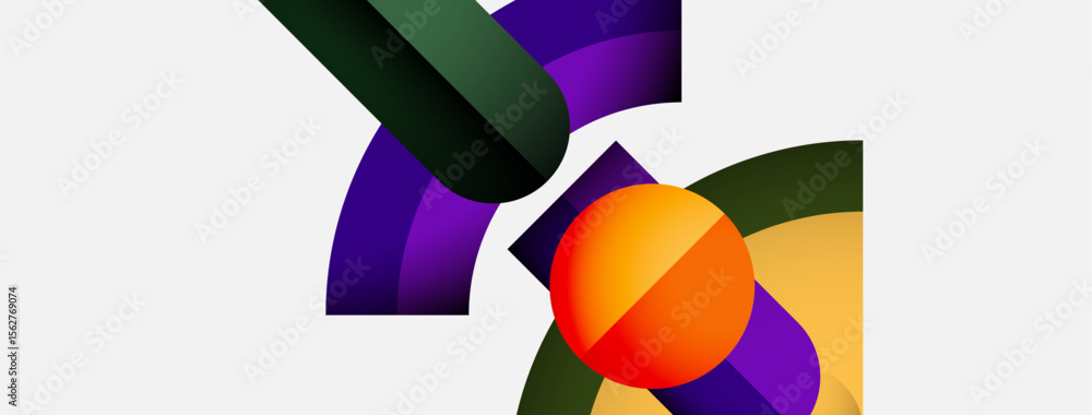 Poster abstract shapes overlap, creating vibrant color combinations. orange sphere dominates center, surrou