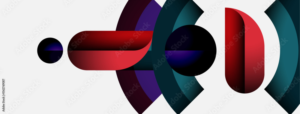 Poster Abstract geometric shapes overlap, creating dynamic visual effect. Colors range from deep reds to teal hues. Minimalist design.