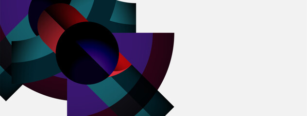 Abstract geometric design. Circular shapes overlap, creating vibrant color patterns. Dark background contrasts bright elements. Minimalist composition.