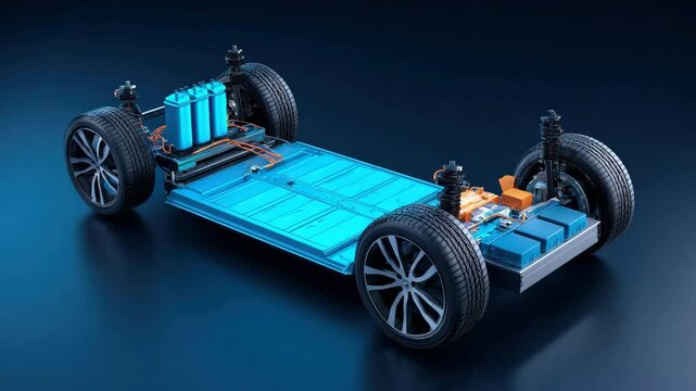 Electric vehicle chassis battery pack lithium ion cell wheel suspension and powertrain system displayed modern clean and innovative style, showcasing automotive technology and innovation with