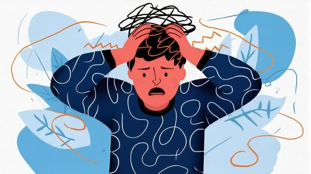 A vibrant animated illustration of a stressed person clutching their head, with frantic scribbles symbolizing anxiety and chaotic thoughts