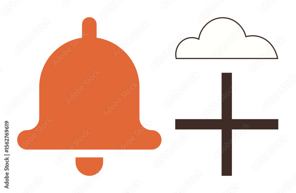 Poster orange bell, outlined cloud, and plus sign represent notification, cloud storage, and adding feature