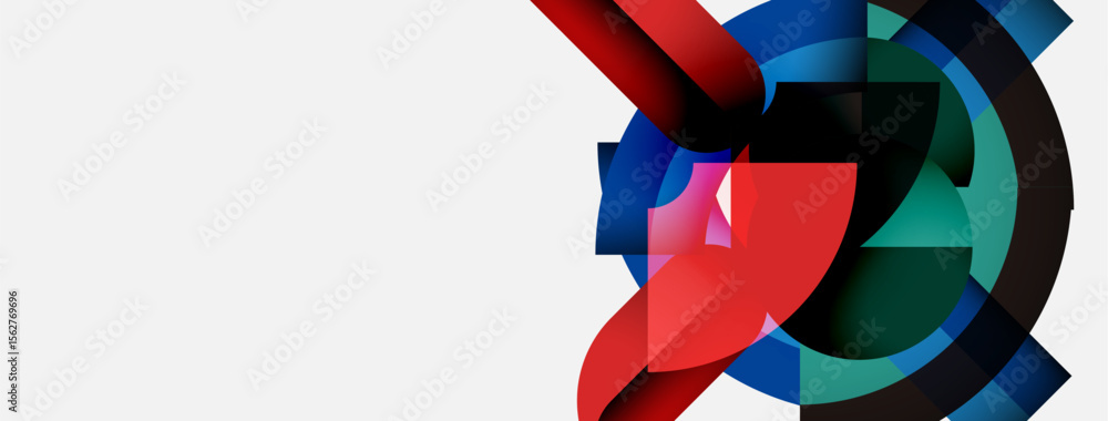 Poster Abstract design features overlapping colorful shapes. Red, blue, green elements create dynamic composition on white background. Modern, vibrant.