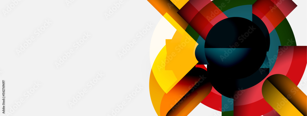 Poster Abstract colorful design. Circular shapes overlap creating dynamic visual effect. Bright hues dominate composition. Modern, artistic.