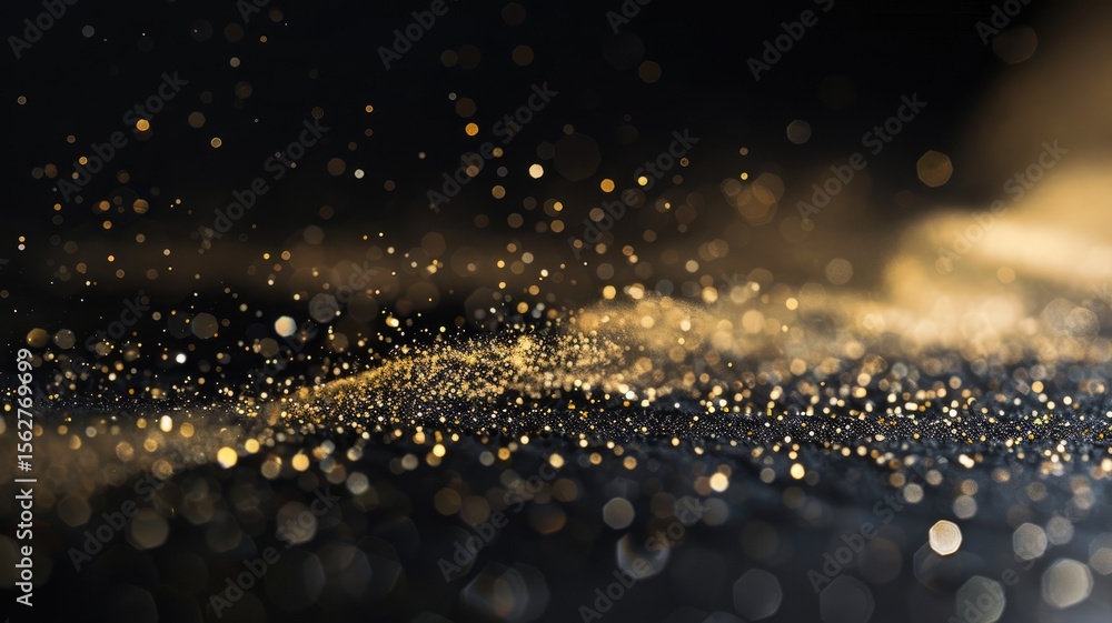 Poster elegant picture of gold light sparkling particles scattered across a deep black background, create a