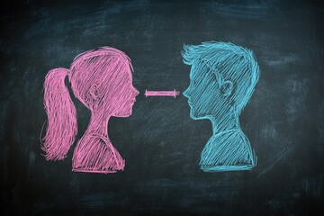 Chalkboard drawing of a girl and boy facing each other, connected by a subtle line