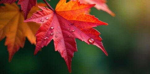 Several water droplets cascade down serrated maple leaf edge, macro, close-up, organic