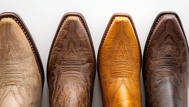 Four pairs of leather cowboy boots in various colors, displayed from the toe.