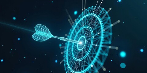 Precision and goal achievement concept with digital dart hitting the center of a blue futuristic wireframe target board