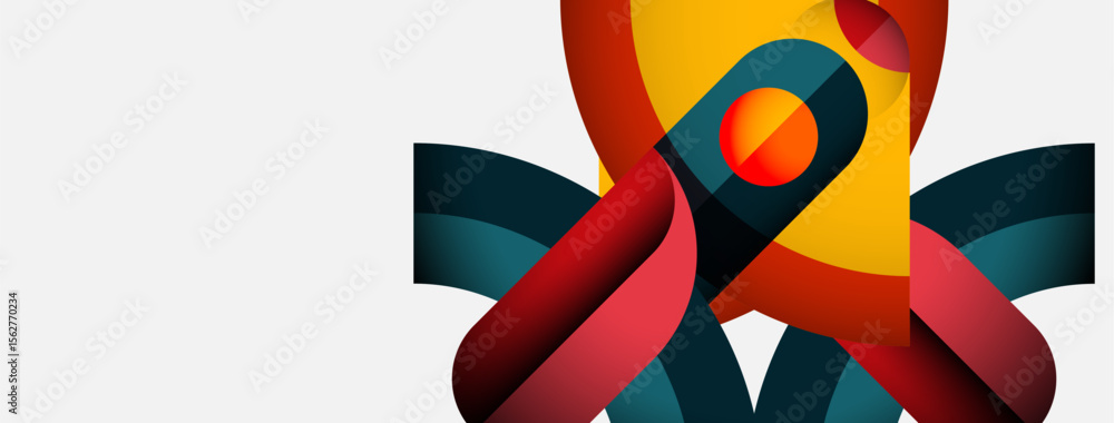 Poster Abstract design features colorful ribbons, curves, overlapping shapes. Modern aesthetic, vibrant hues create dynamic composition.