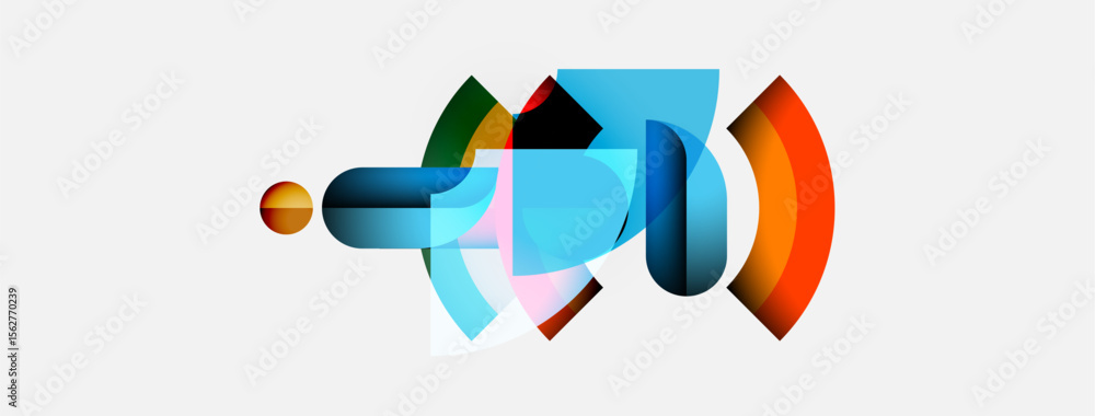 Poster Abstract geometric shapes overlap, creating colorful composition. Soft gradients suggest movement, depth. Minimalist design.