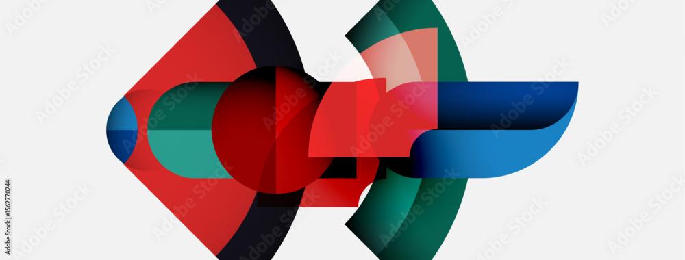 Poster abstract composition features overlapping geometric shapes. red, blue, green hues dominate white bac