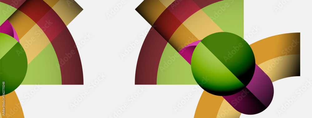 Poster Abstract colorful shapes overlap, creating dynamic composition. Curves, circles, rectangles form modern design. Bright hues dominate white background.