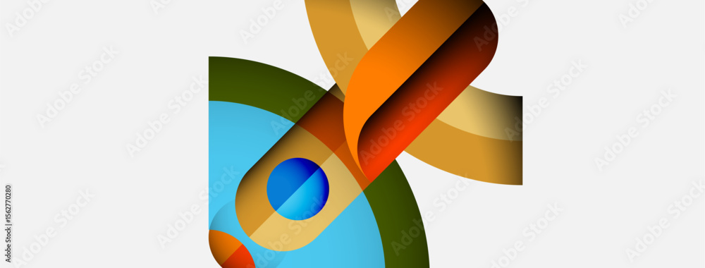 Poster abstract design features colorful ribbons, curves, shapes. blue circle adds focal point within layer