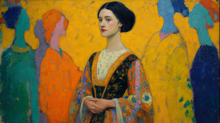Fauvist Portrait of a Woman in Traditional Clothing with Abstract Background