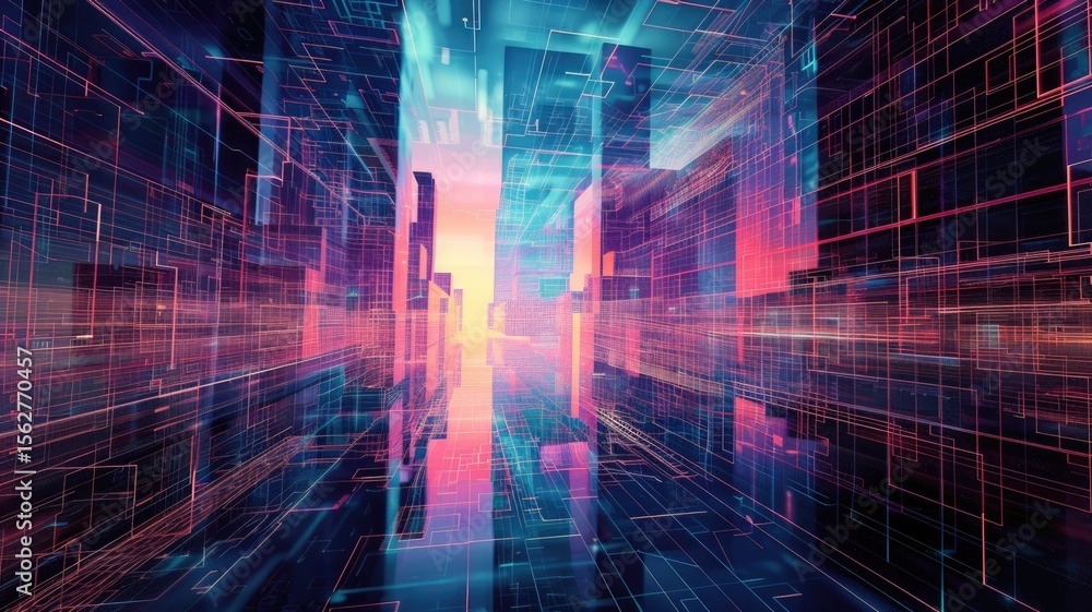 Poster abstract digital shape and particle technological cyber style design connecting become system shape 