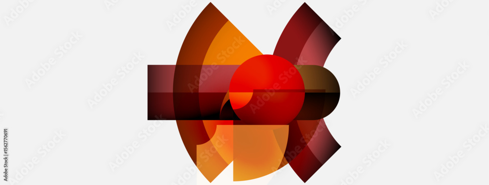 Poster Abstract design features overlapping orange, red shapes. Central sphere provides focal point, creating dynamic composition.