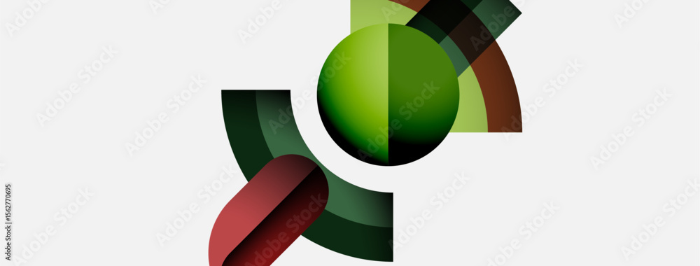 Poster Abstract shapes overlap, creating dynamic composition. Green, brown, dark tones dominate neutral background. Modern design elements present.