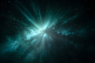 
A cinematic still of an explosion in space, with a dark green and blue color grading, light streaks across the scene,