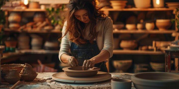 A ceramic artist in a cozy workshop with an AI assistant as a digital overlay providing design patterns and color schemes, guiding hands on the pottery wheel. AIG60
