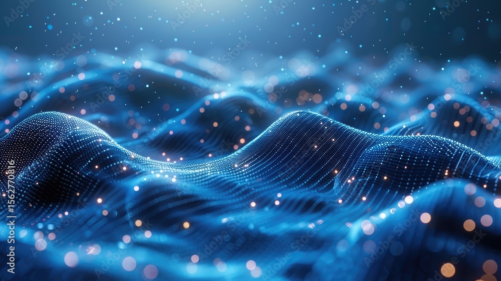 Poster abstract picture micro light sparkling particle represent data flow. vivid flowing wave with high te