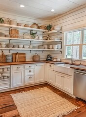 Fototapeta premium A bright, airy kitchen with white cabinets, open shelving, and a natural wood countertop. Wooden floors and a woven rug add warmth