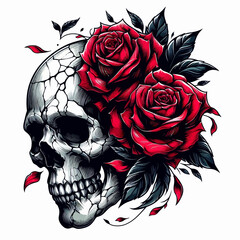 Dark Skull with Red Roses Vector Illustration