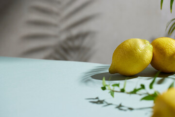 A cozy backdrop with fresh fruits and grass on a table with natural sunlight and shadows.