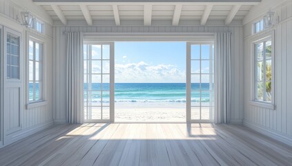 Obraz premium White beach house interior with ocean view
