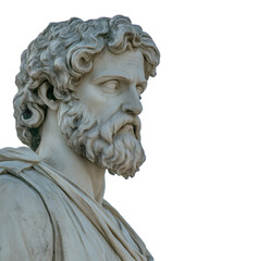 Elegant marble sculpture presents a classical bust of a bearded man against a stark black, transparent background offering dramatic contrast.